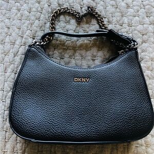 DKNY Black Pebbled Leather Shoulder Bag with Gold Chain